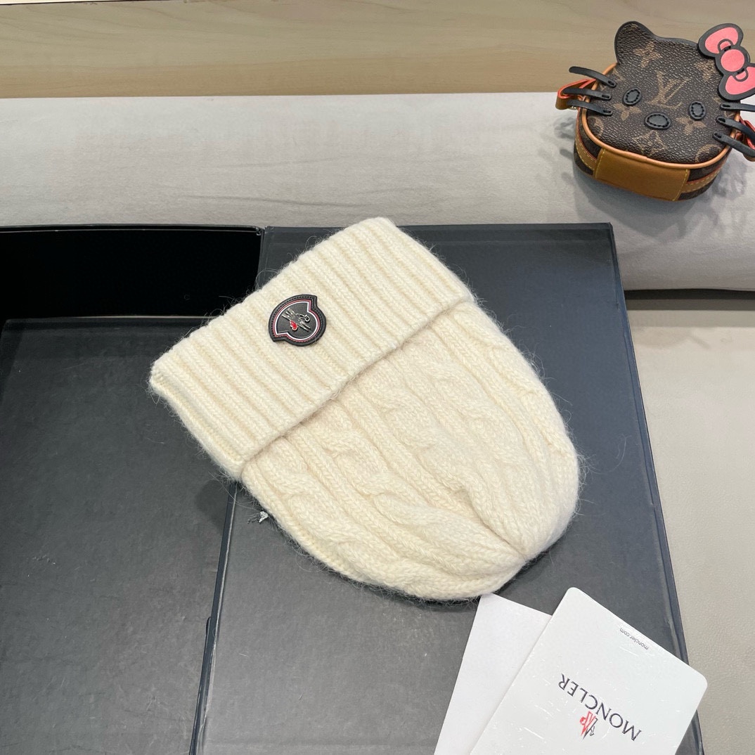 moncler毛线帽 女秋冬大头围可爱粉色兔毛女款冬天百搭麻花护耳针织帽子