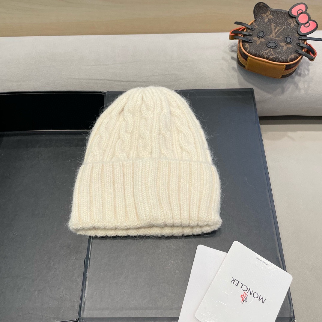 moncler毛线帽 女秋冬大头围可爱粉色兔毛女款冬天百搭麻花护耳针织帽子