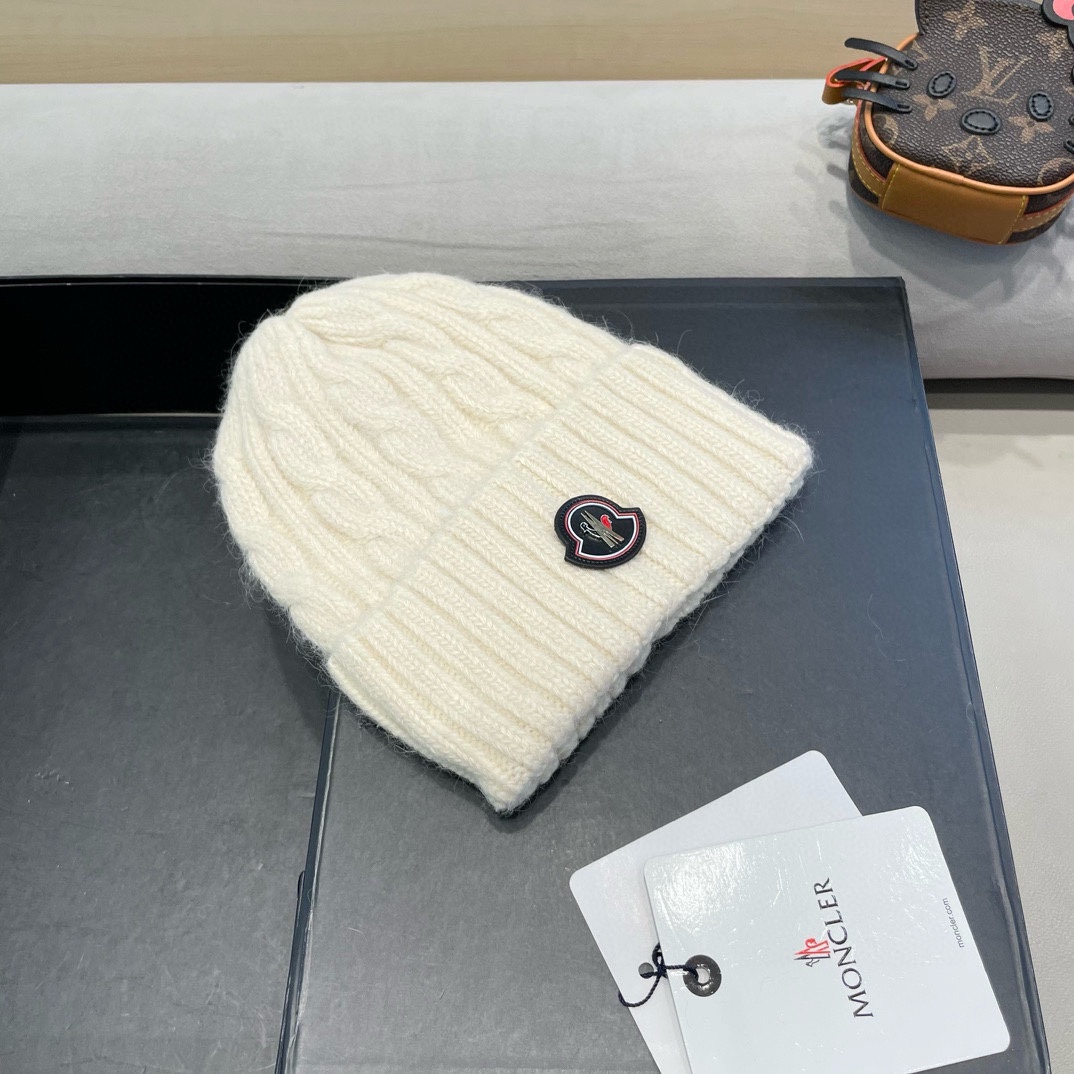 moncler毛线帽 女秋冬大头围可爱粉色兔毛女款冬天百搭麻花护耳针织帽子
