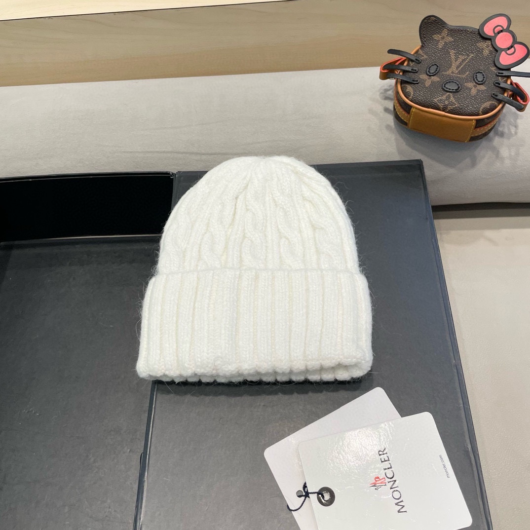 moncler毛线帽 女秋冬大头围可爱粉色兔毛女款冬天百搭麻花护耳针织帽子