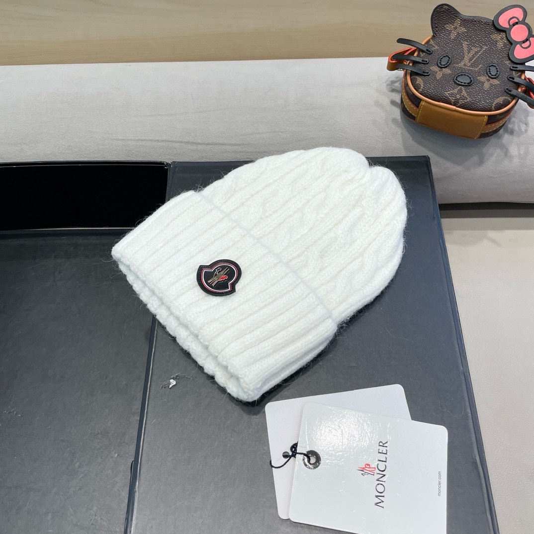 moncler毛线帽 女秋冬大头围可爱粉色兔毛女款冬天百搭麻花护耳针织帽子
