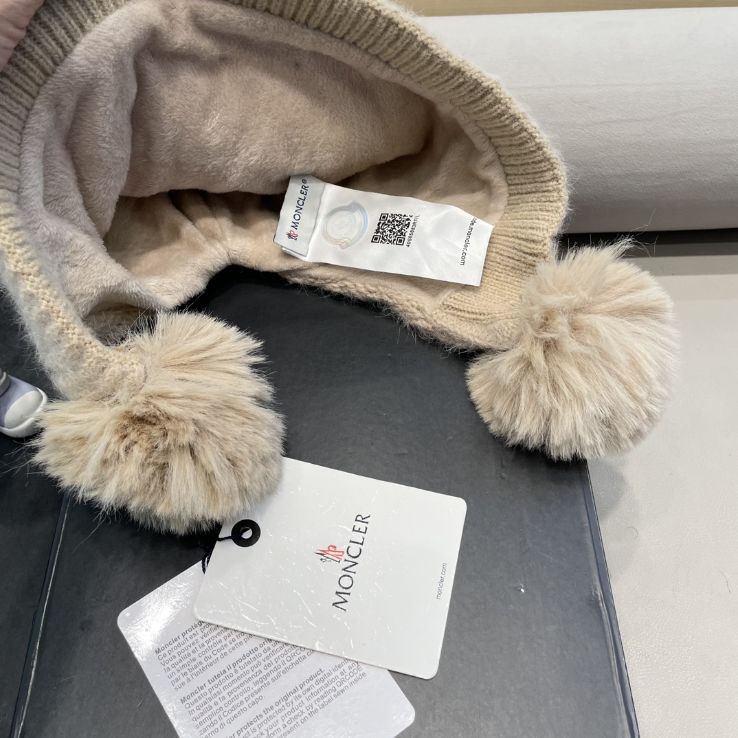 moncler可爱三球毛线帽女秋冬季2024新款兔毛针织加厚保暖骑行百搭防寒帽