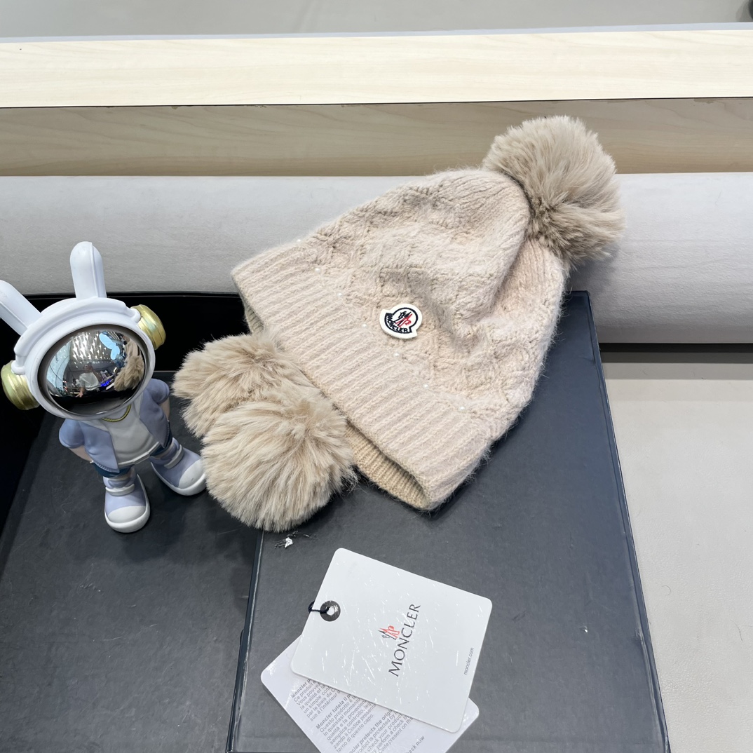 moncler可爱三球毛线帽女秋冬季2024新款兔毛针织加厚保暖骑行百搭防寒帽