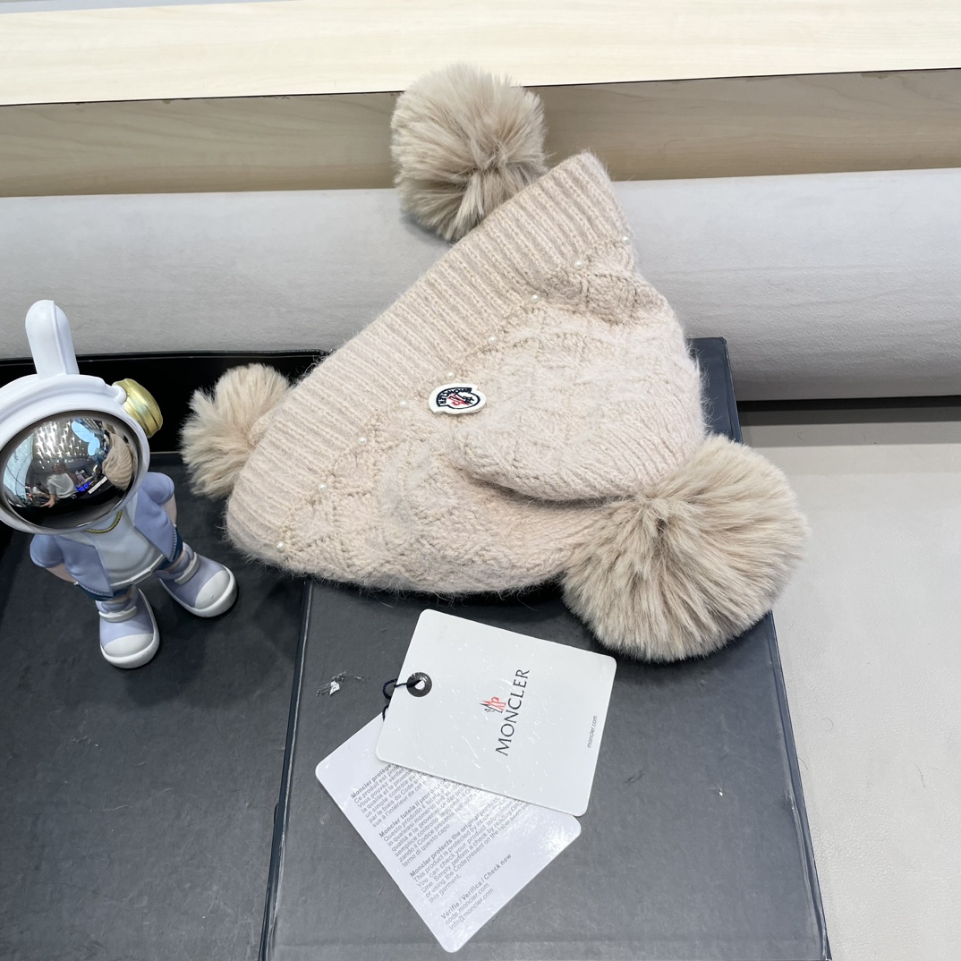 moncler可爱三球毛线帽女秋冬季2024新款兔毛针织加厚保暖骑行百搭防寒帽