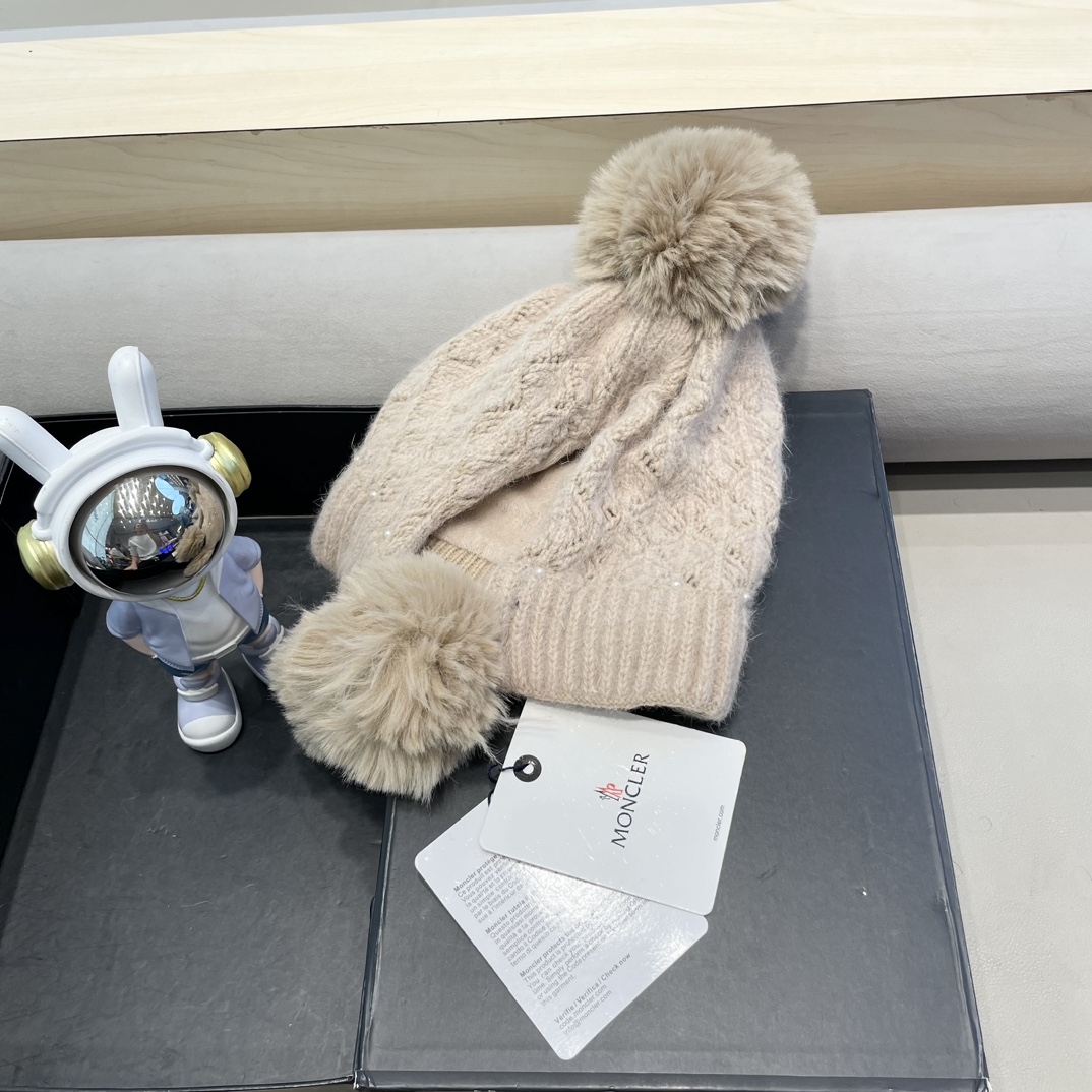moncler可爱三球毛线帽女秋冬季2024新款兔毛针织加厚保暖骑行百搭防寒帽