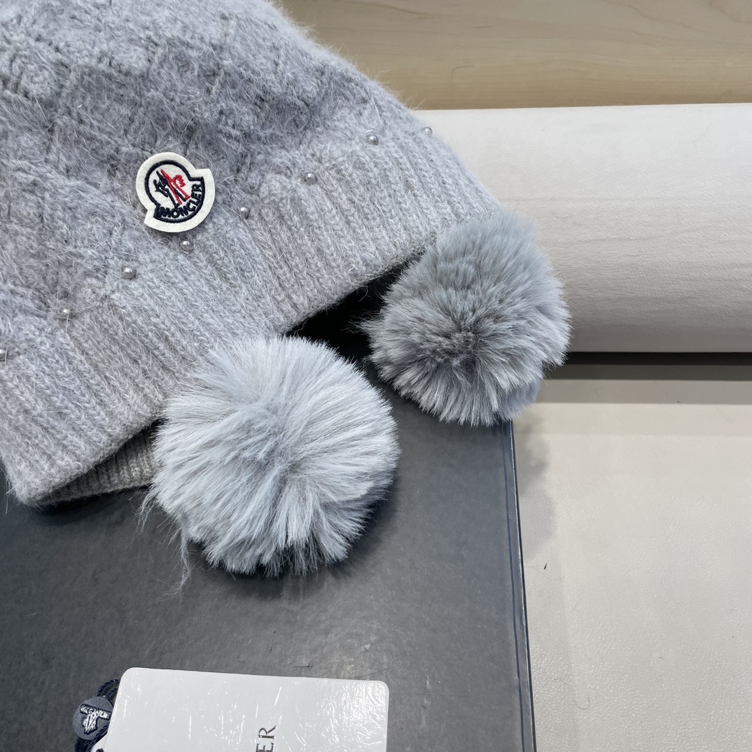 moncler可爱三球毛线帽女秋冬季2024新款兔毛针织加厚保暖骑行百搭防寒帽