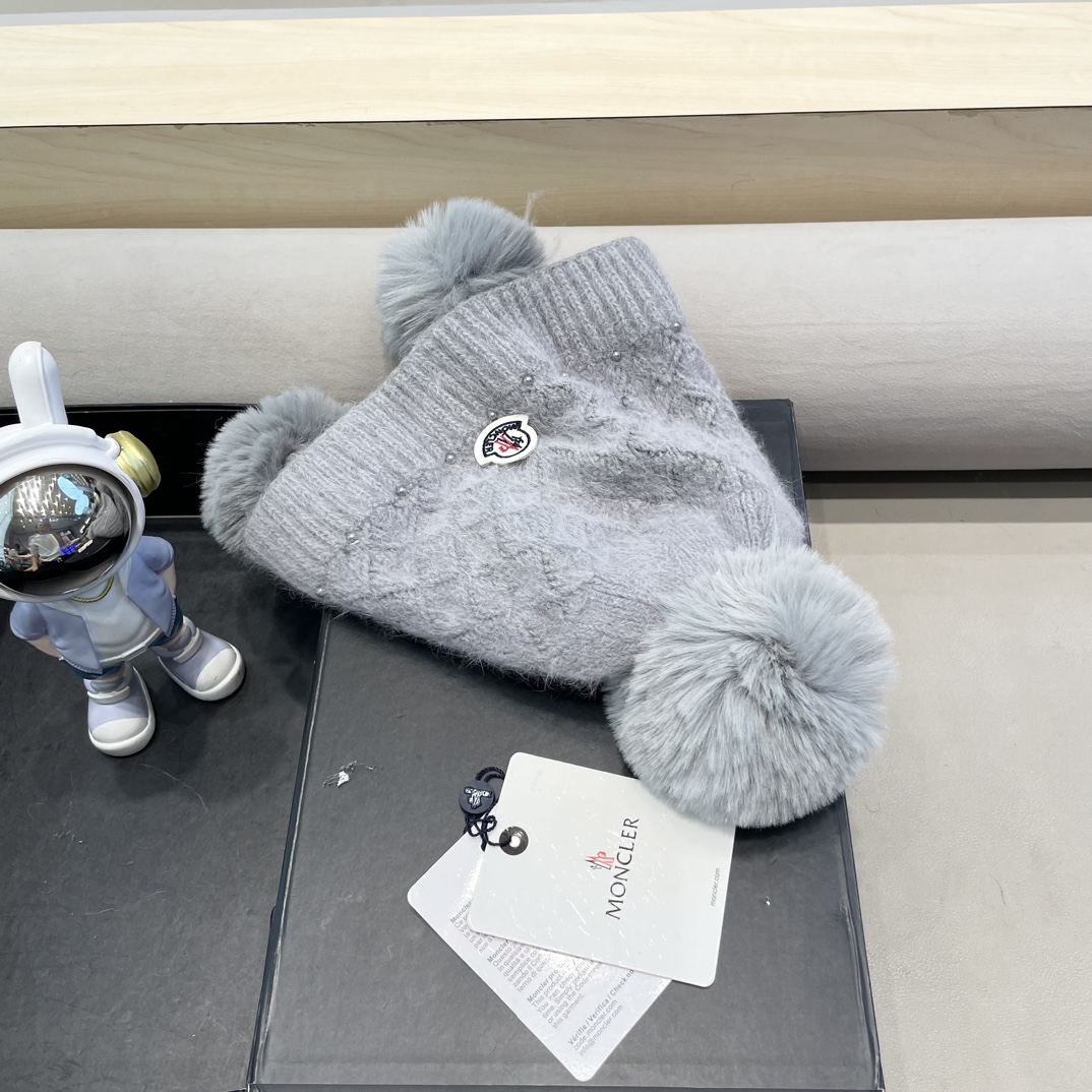 moncler可爱三球毛线帽女秋冬季2024新款兔毛针织加厚保暖骑行百搭防寒帽