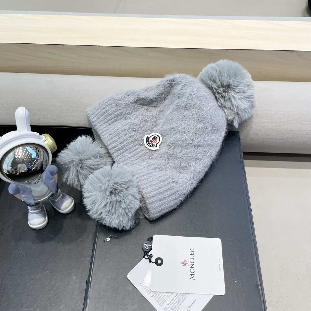 moncler可爱三球毛线帽女秋冬季2024新款兔毛针织加厚保暖骑行百搭防寒帽