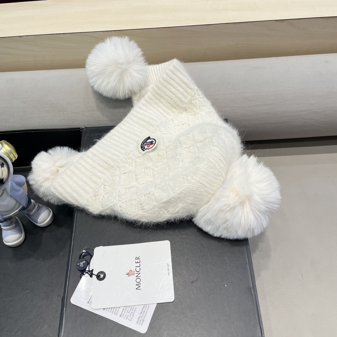 moncler可爱三球毛线帽女秋冬季2024新款兔毛针织加厚保暖骑行百搭防寒帽