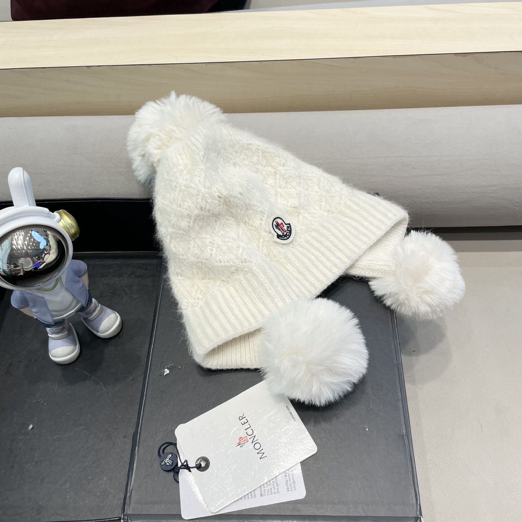 moncler可爱三球毛线帽女秋冬季2024新款兔毛针织加厚保暖骑行百搭防寒帽
