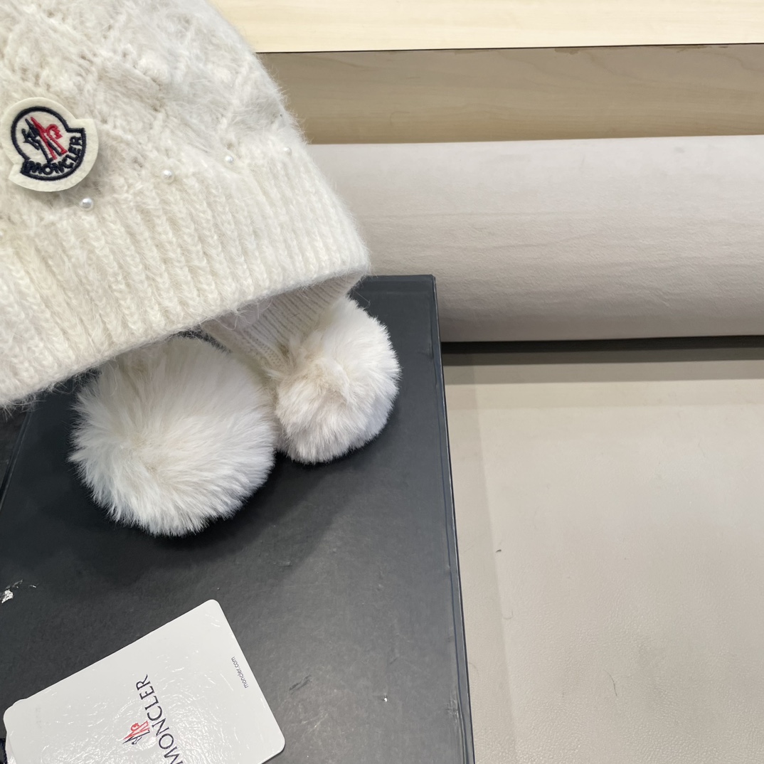 moncler可爱三球毛线帽女秋冬季2024新款兔毛针织加厚保暖骑行百搭防寒帽