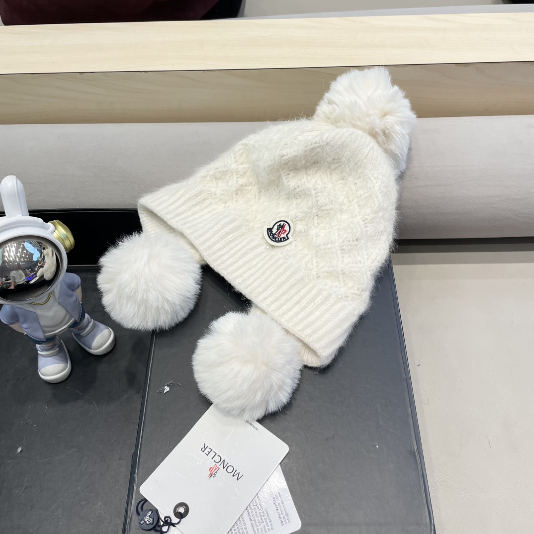 moncler可爱三球毛线帽女秋冬季2024新款兔毛针织加厚保暖骑行百搭防寒帽
