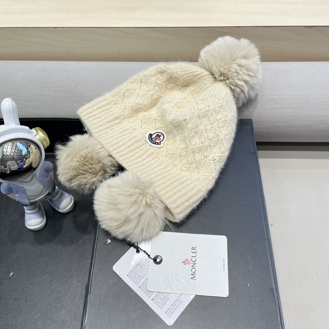 moncler可爱三球毛线帽女秋冬季2024新款兔毛针织加厚保暖骑行百搭防寒帽