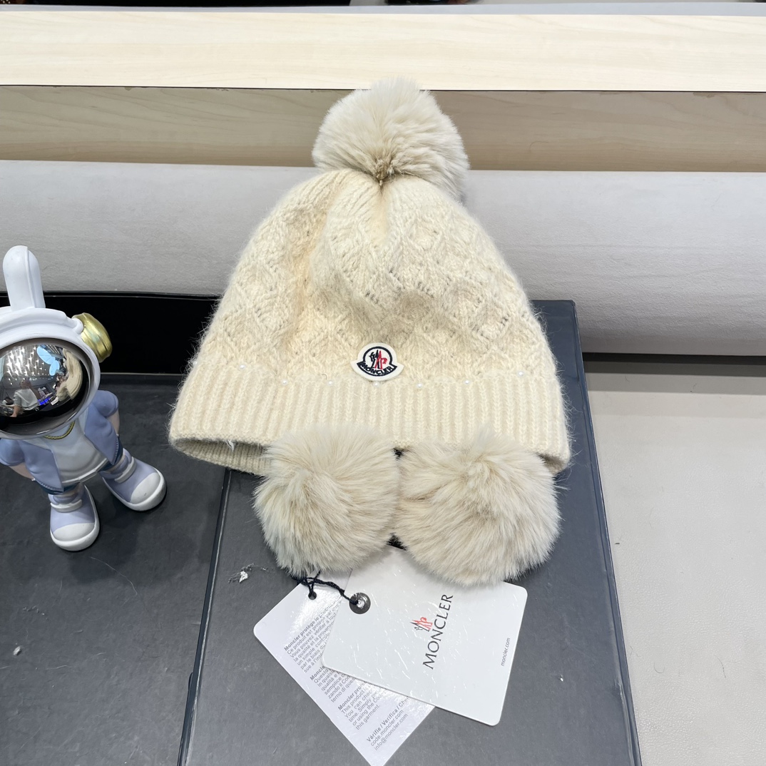 moncler可爱三球毛线帽女秋冬季2024新款兔毛针织加厚保暖骑行百搭防寒帽