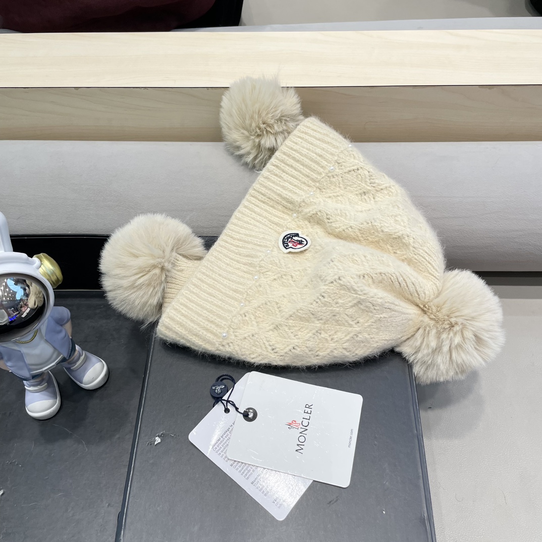 moncler可爱三球毛线帽女秋冬季2024新款兔毛针织加厚保暖骑行百搭防寒帽