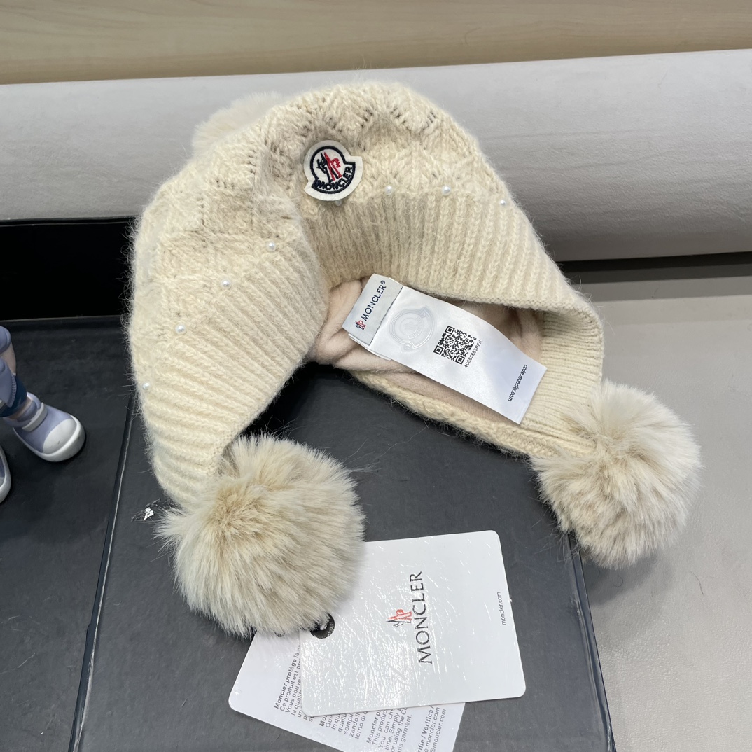 moncler可爱三球毛线帽女秋冬季2024新款兔毛针织加厚保暖骑行百搭防寒帽