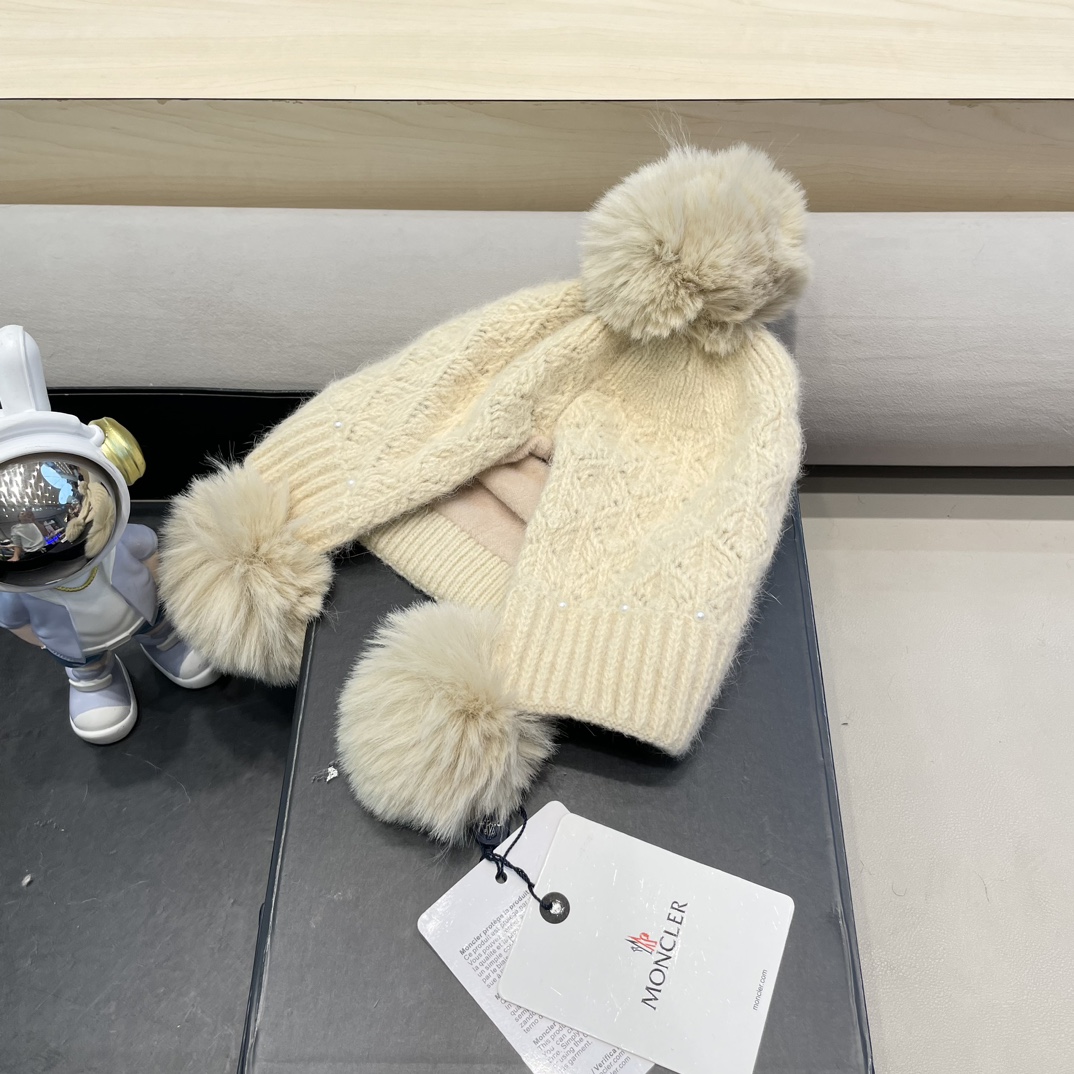 moncler可爱三球毛线帽女秋冬季2024新款兔毛针织加厚保暖骑行百搭防寒帽