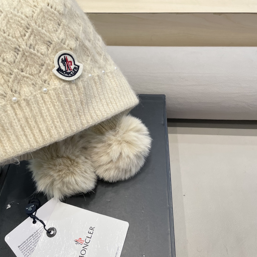 moncler可爱三球毛线帽女秋冬季2024新款兔毛针织加厚保暖骑行百搭防寒帽