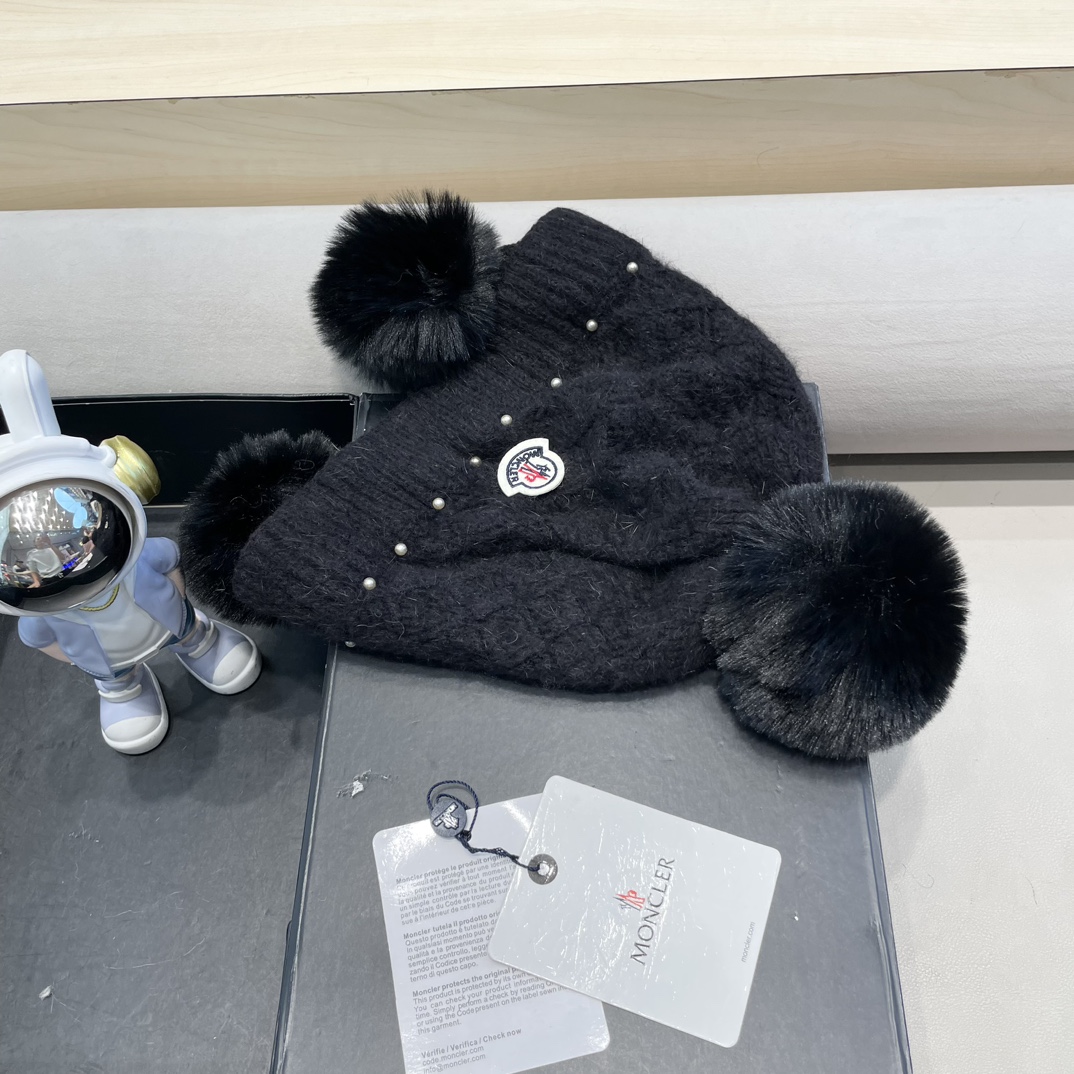 moncler可爱三球毛线帽女秋冬季2024新款兔毛针织加厚保暖骑行百搭防寒帽