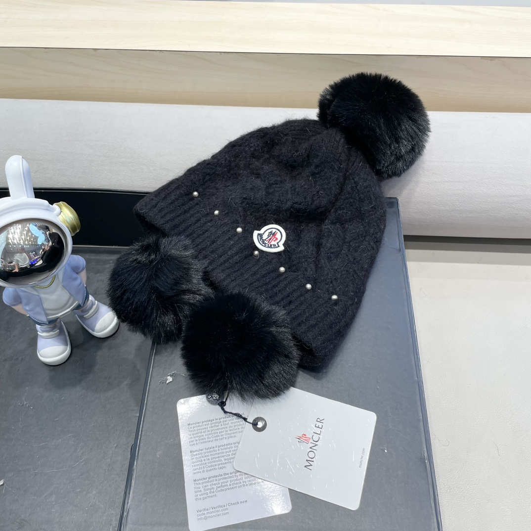 moncler可爱三球毛线帽女秋冬季2024新款兔毛针织加厚保暖骑行百搭防寒帽