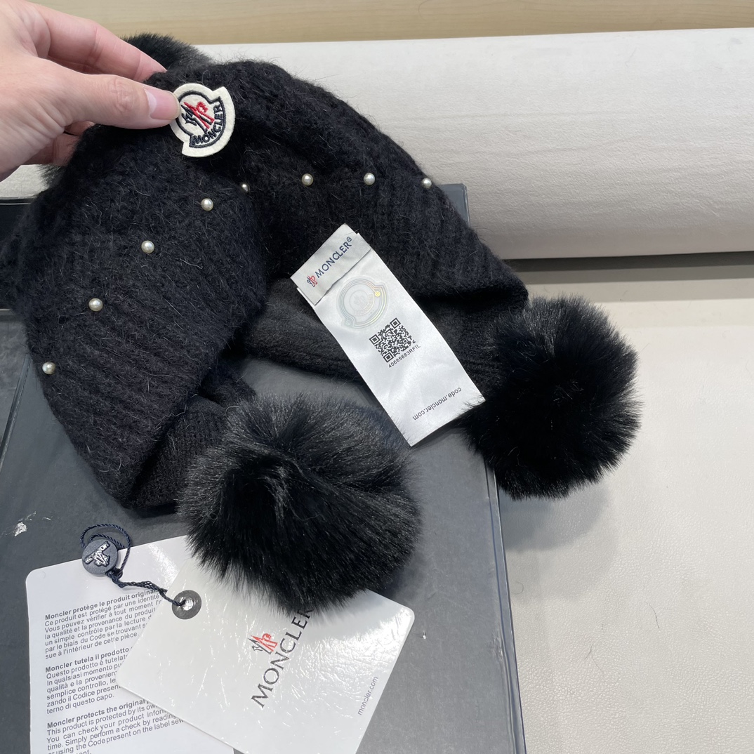 moncler可爱三球毛线帽女秋冬季2024新款兔毛针织加厚保暖骑行百搭防寒帽