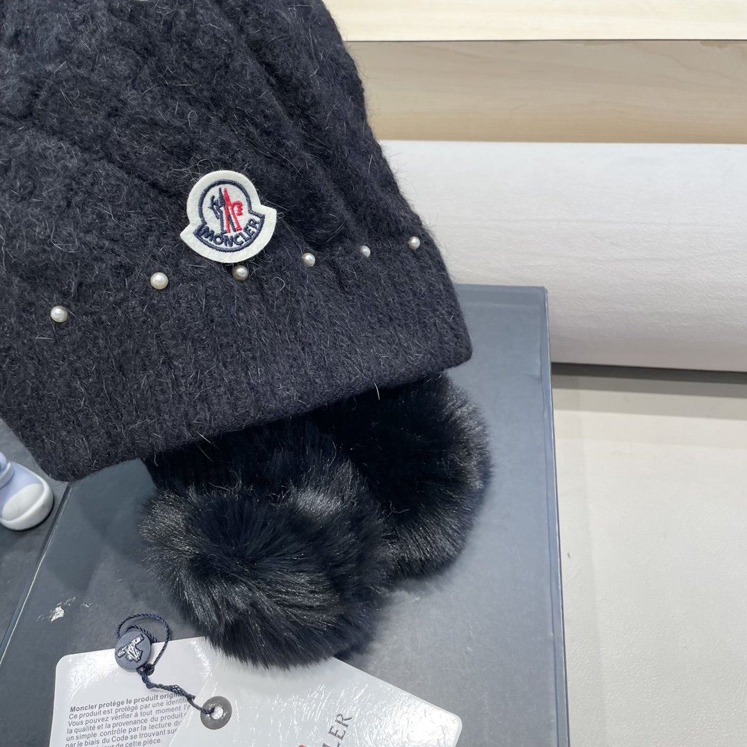 moncler可爱三球毛线帽女秋冬季2024新款兔毛针织加厚保暖骑行百搭防寒帽