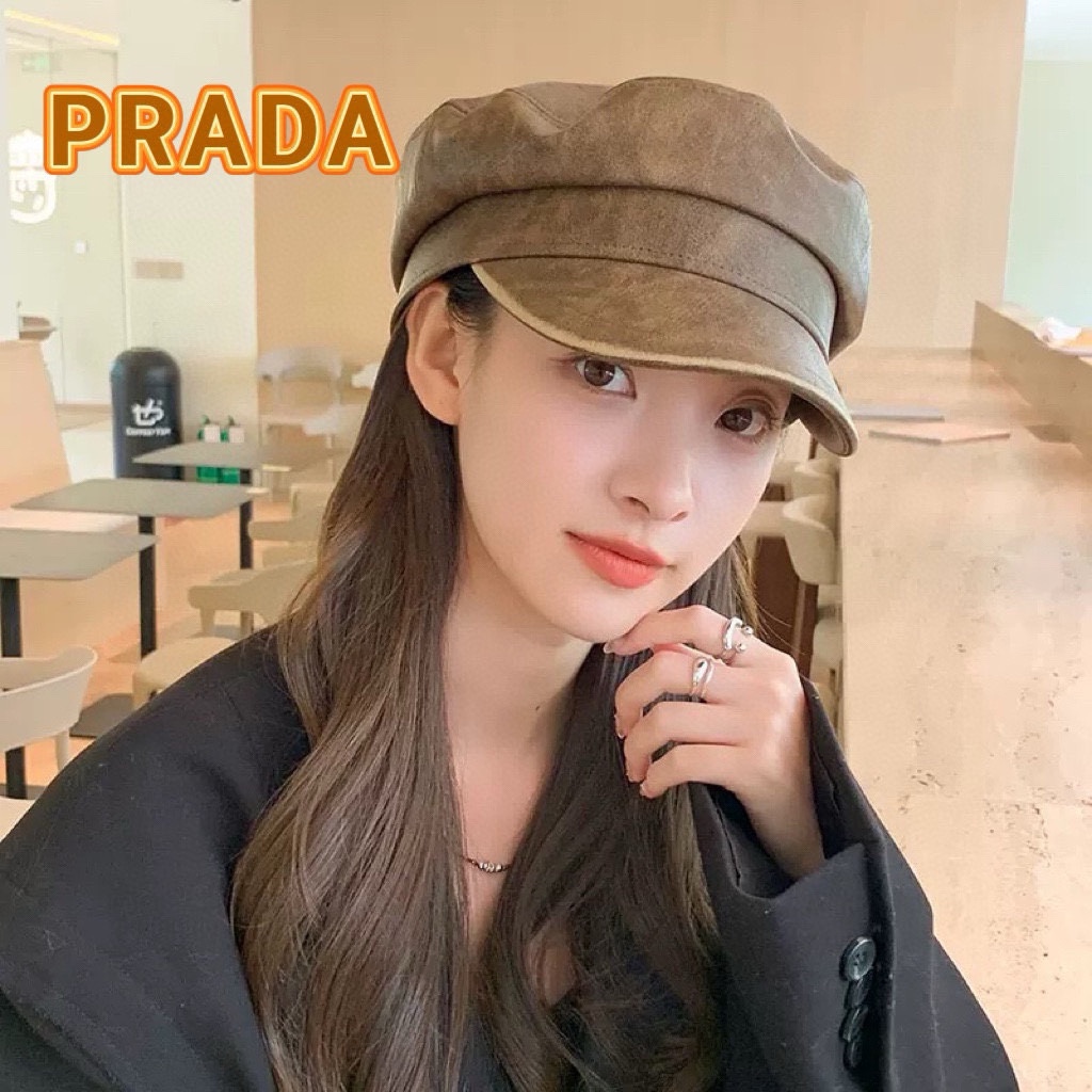 PRADA普拉达 显脸小气质Pu皮帽鸭舌帽子女秋冬新款复古文艺百搭黑色八角贝雷帽