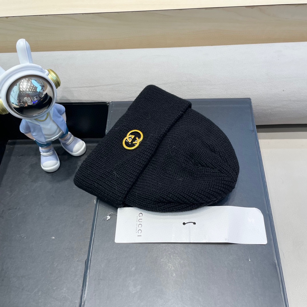  Gucci色美式针织冷帽大头围毛线帽子女保暖堆堆帽大脸显脸小护耳帽黑