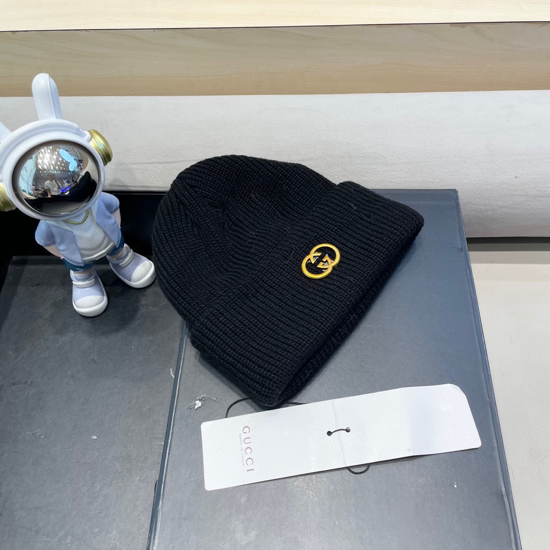  Gucci色美式针织冷帽大头围毛线帽子女保暖堆堆帽大脸显脸小护耳帽黑