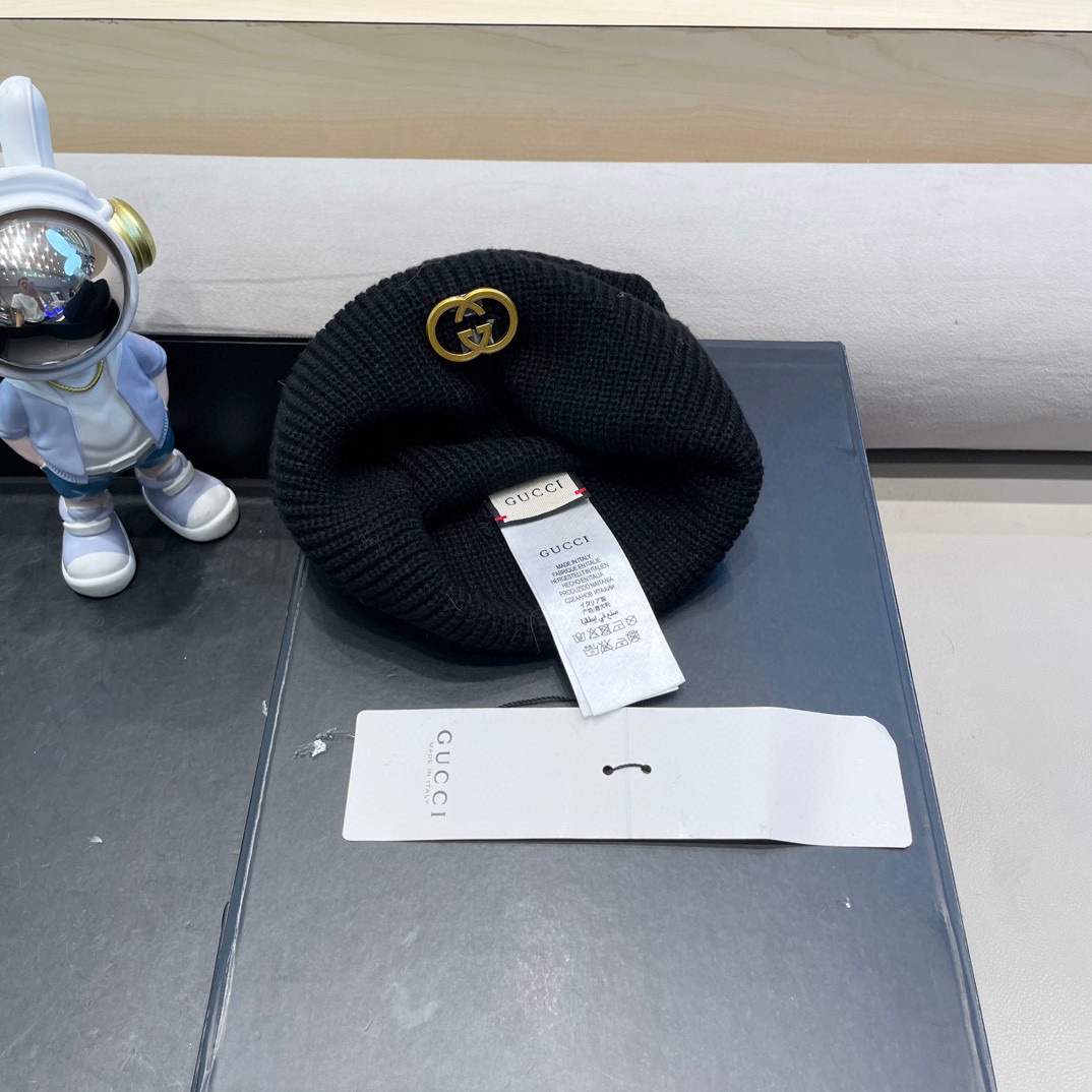  Gucci色美式针织冷帽大头围毛线帽子女保暖堆堆帽大脸显脸小护耳帽黑