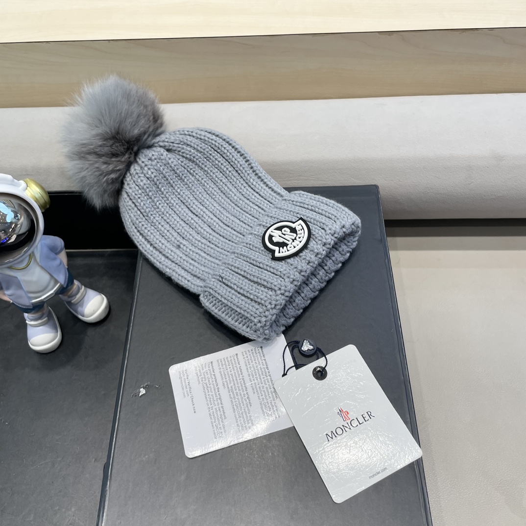 moncler针织帽秋冬新款帽子女士毛线帽仿狐狸毛球球帽假毛球加厚保暖帽子