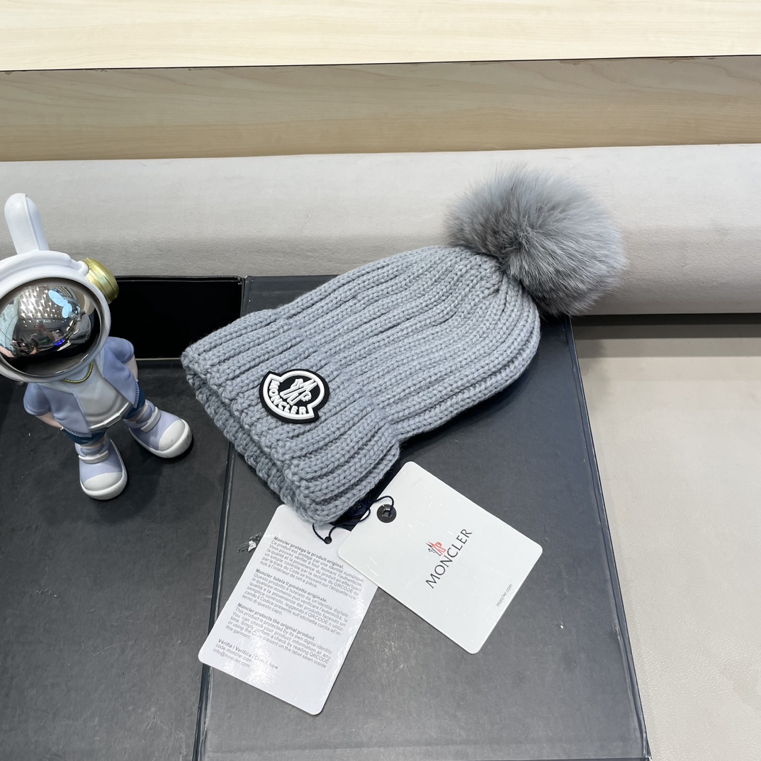 moncler针织帽秋冬新款帽子女士毛线帽仿狐狸毛球球帽假毛球加厚保暖帽子