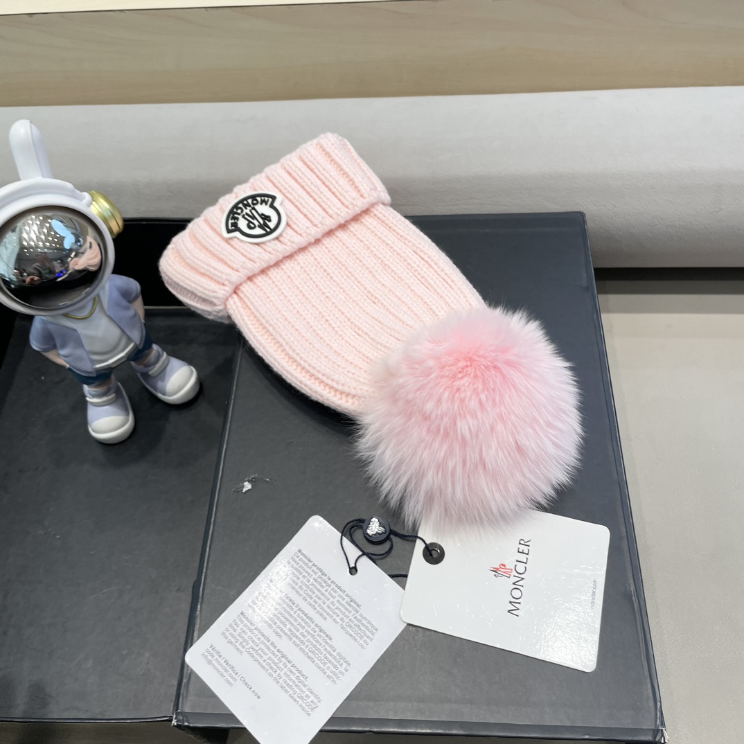 moncler针织帽秋冬新款帽子女士毛线帽仿狐狸毛球球帽假毛球加厚保暖帽子