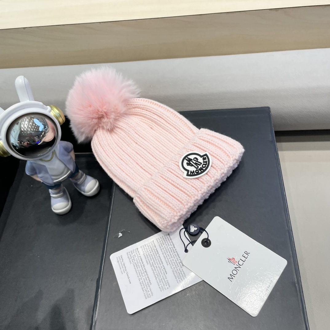 moncler针织帽秋冬新款帽子女士毛线帽仿狐狸毛球球帽假毛球加厚保暖帽子