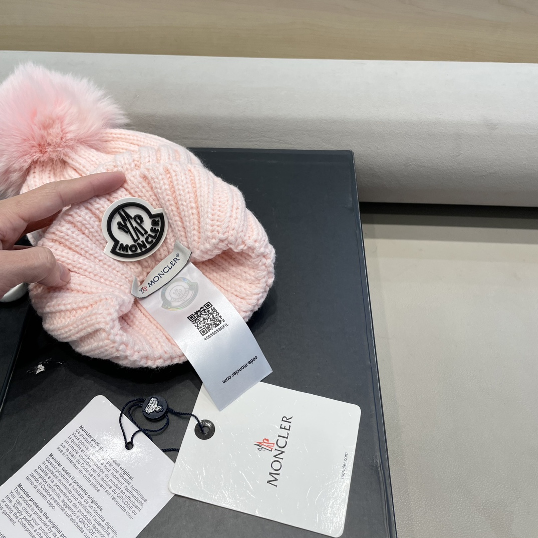 moncler针织帽秋冬新款帽子女士毛线帽仿狐狸毛球球帽假毛球加厚保暖帽子