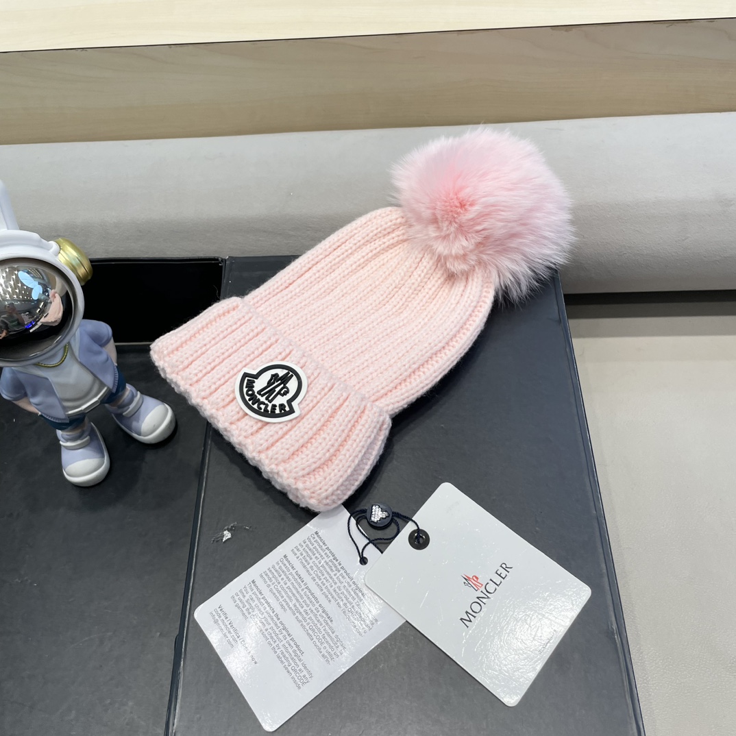 moncler针织帽秋冬新款帽子女士毛线帽仿狐狸毛球球帽假毛球加厚保暖帽子