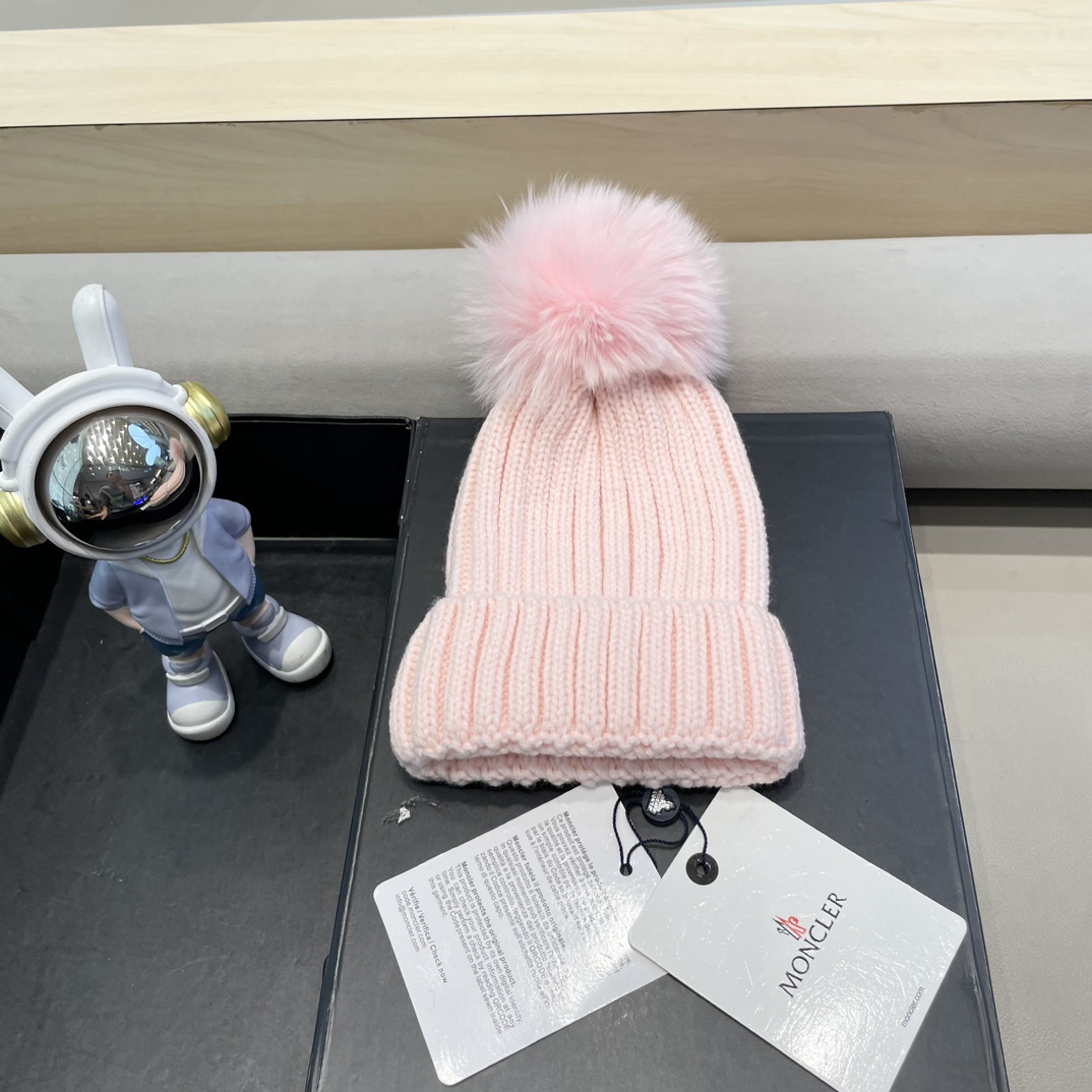 moncler针织帽秋冬新款帽子女士毛线帽仿狐狸毛球球帽假毛球加厚保暖帽子
