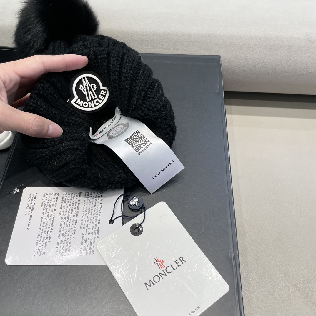 moncler针织帽秋冬新款帽子女士毛线帽仿狐狸毛球球帽假毛球加厚保暖帽子