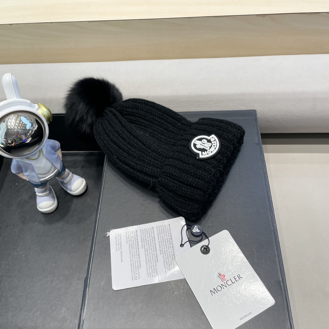 moncler针织帽秋冬新款帽子女士毛线帽仿狐狸毛球球帽假毛球加厚保暖帽子