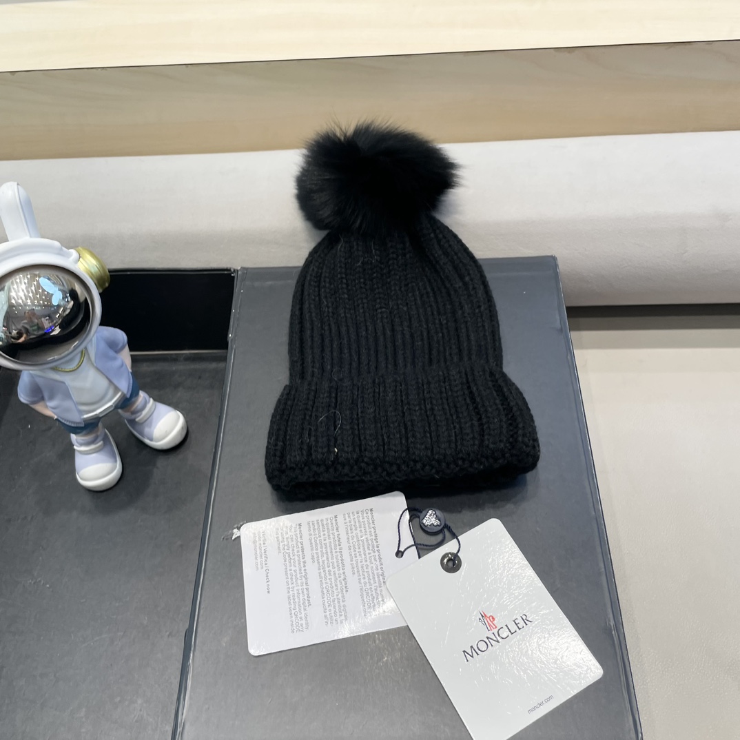 moncler针织帽秋冬新款帽子女士毛线帽仿狐狸毛球球帽假毛球加厚保暖帽子