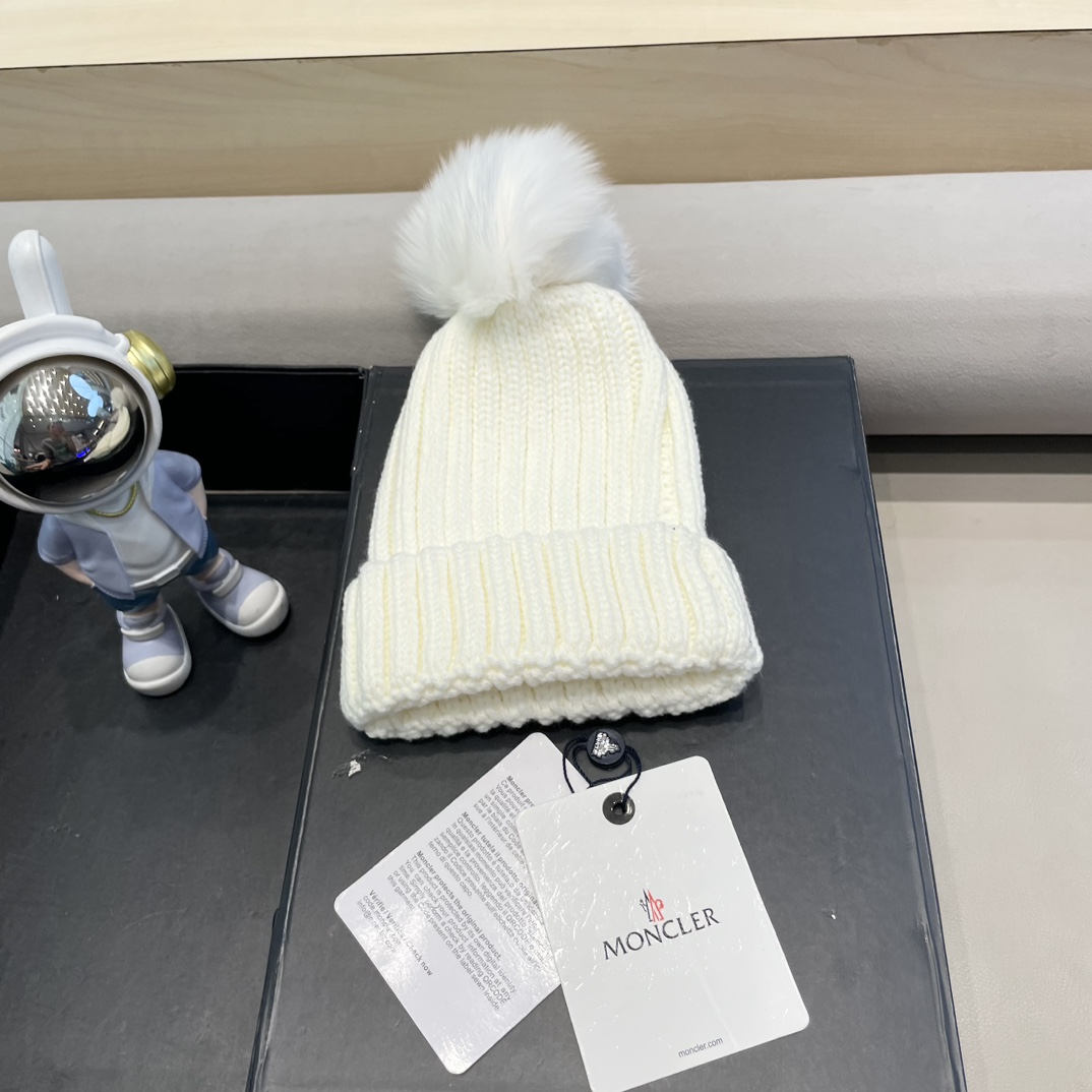 moncler针织帽秋冬新款帽子女士毛线帽仿狐狸毛球球帽假毛球加厚保暖帽子