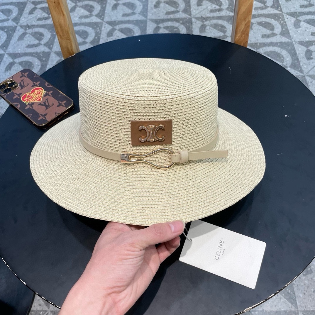  塞琳celien新款草帽，皮带平顶礼帽，头围57cm