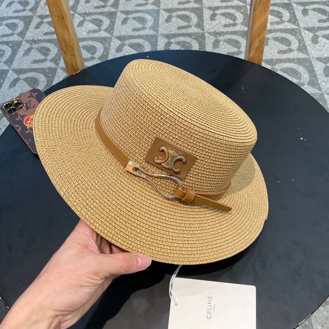  塞琳celien新款草帽，皮带平顶礼帽，头围57cm