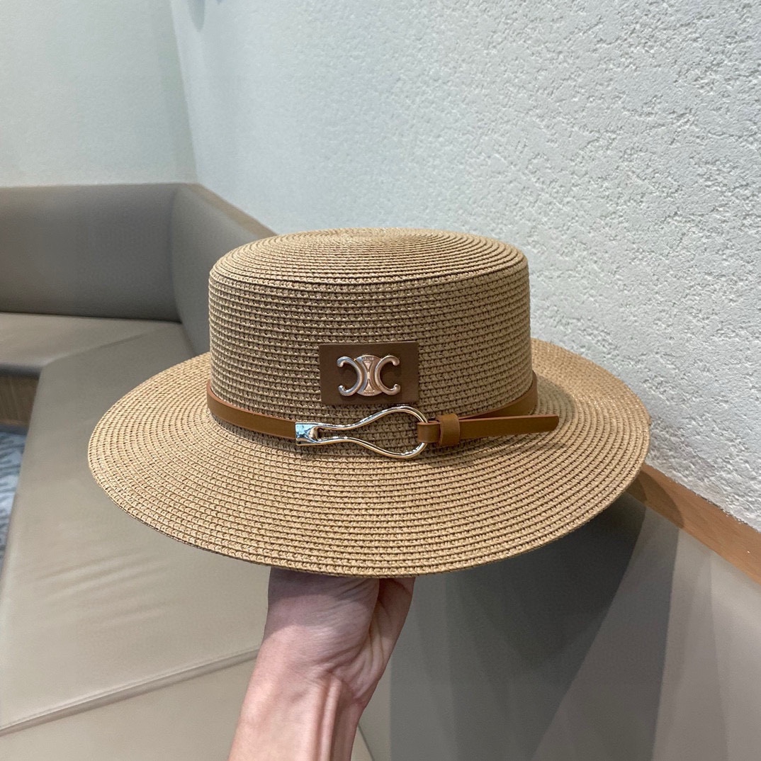  塞琳celien新款草帽，皮带平顶礼帽，头围57cm