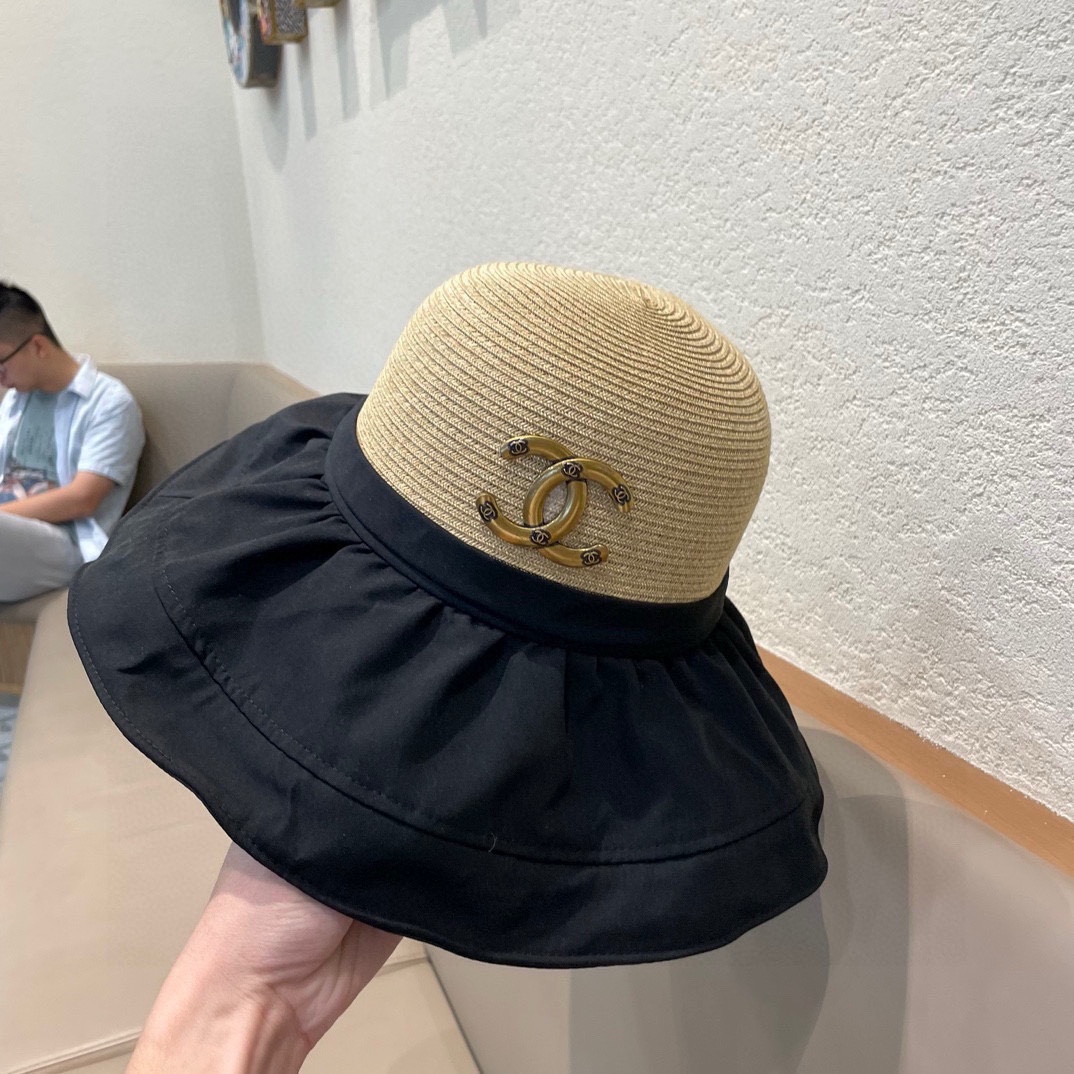  Chanel香奈儿拼接草帽，波浪边遮阳帽，头围57cm