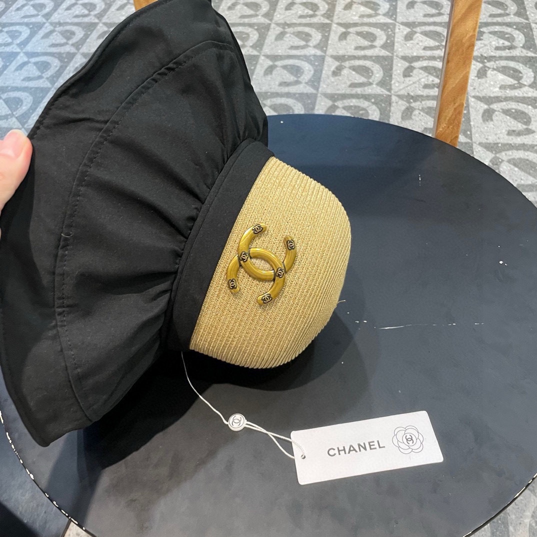  Chanel香奈儿拼接草帽，波浪边遮阳帽，头围57cm