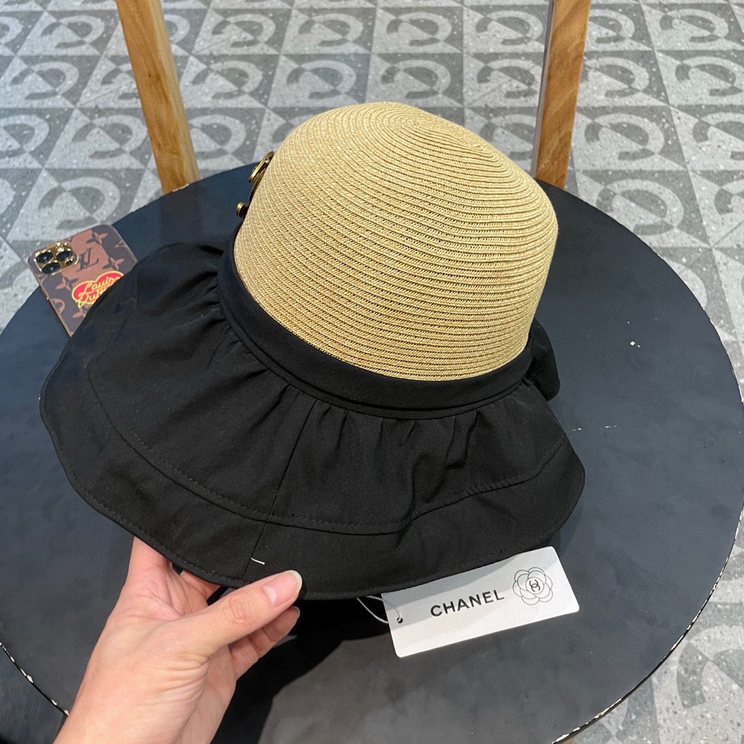  Chanel香奈儿拼接草帽，波浪边遮阳帽，头围57cm