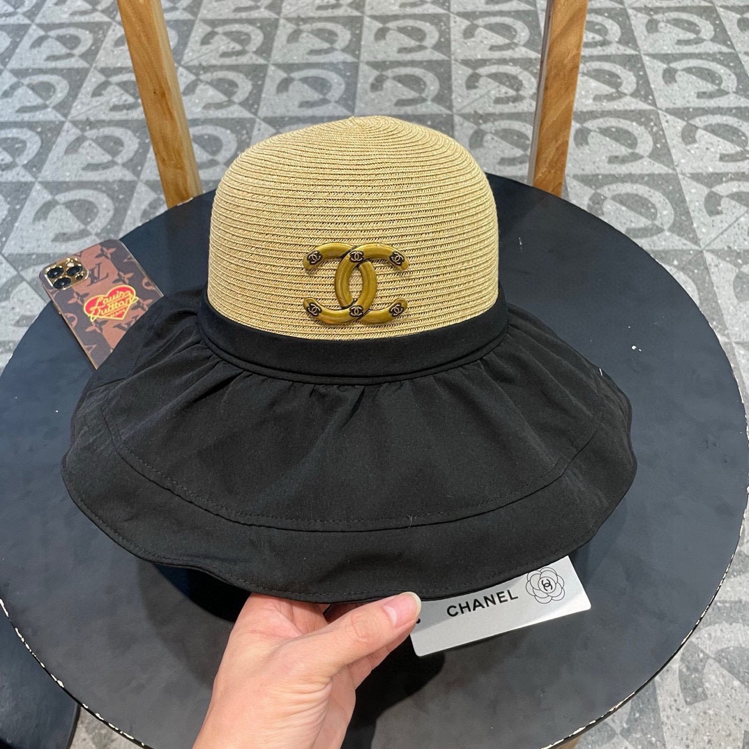  Chanel香奈儿拼接草帽，波浪边遮阳帽，头围57cm