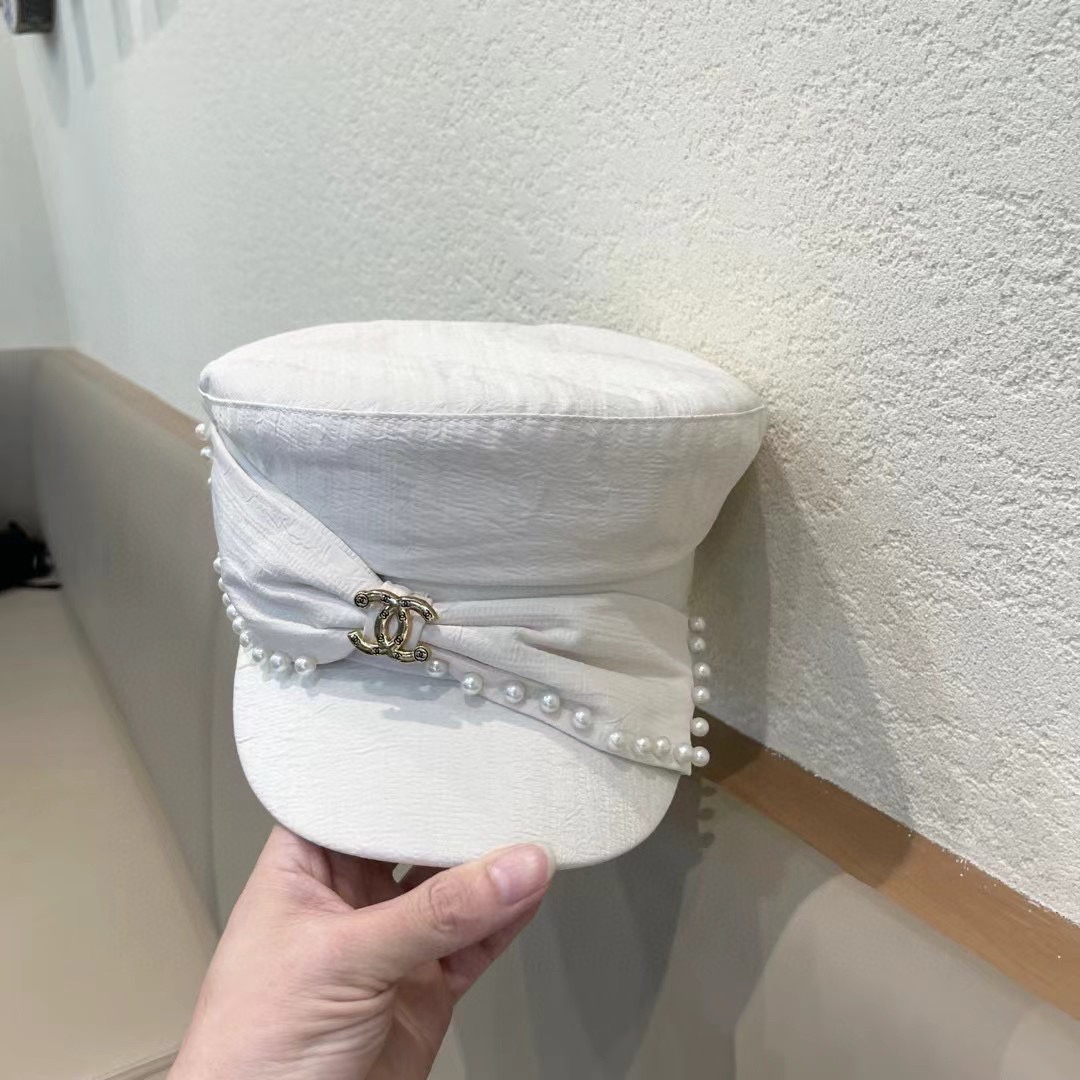 Chanel香奈儿重工珍珠蝴蝶结可爱时尚平顶帽子女春夏防晒遮阳帽休闲显瘦时装帽