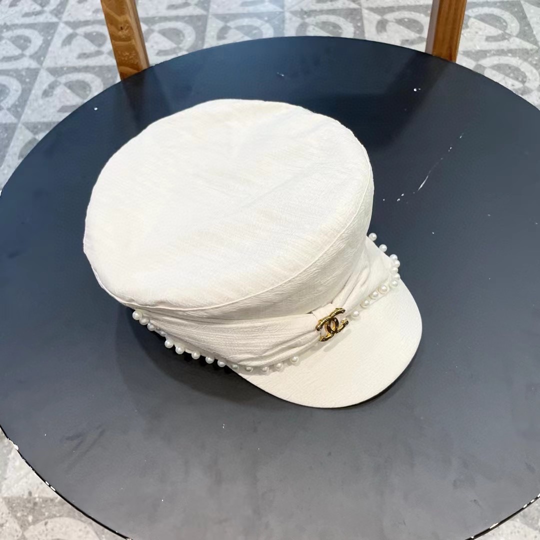 Chanel香奈儿重工珍珠蝴蝶结可爱时尚平顶帽子女春夏防晒遮阳帽休闲显瘦时装帽